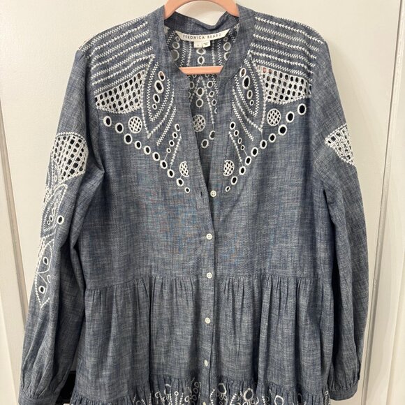 Veronica Beard Ariana Mini Dress Chambray Eyelet Embroidery Sz 14 - Picture 2 of 9